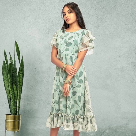 Green and White Printed Dress | Harmony Hues | Muvvas Boutique - Picture 1 of 10